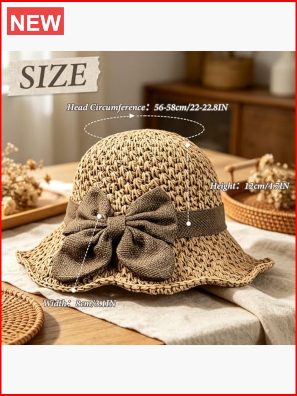 Woven Straw Wide Brim Sun Hat with Bow, Adjustable, Foldable for Travel - Picture 2 of 7